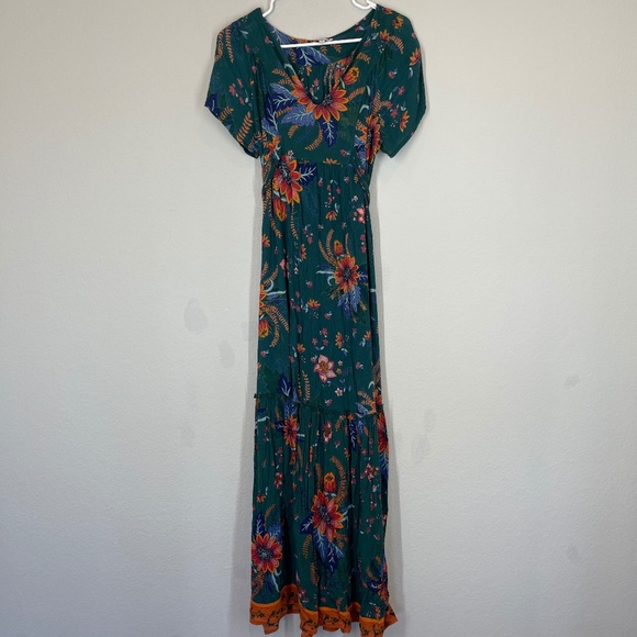 Patrons of Peace Maxi Dress Women's XS Floral Boho Short Sleeve with Belt Green - Picture 1 of 11